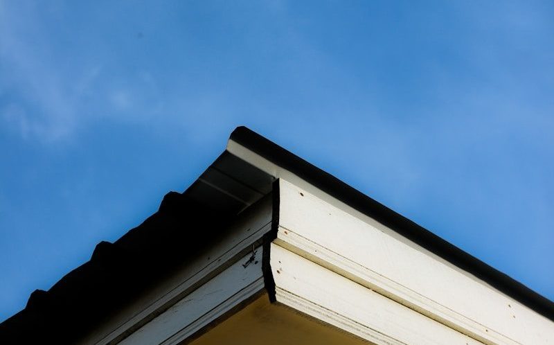 Roof corner contrasts against a clear blue sky.